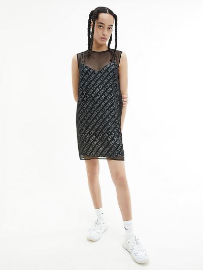 Calvin Klein Ruhák HU012157 | Calvin Klein Chiffon Double Layer Női Ruha Fekete
